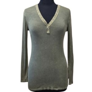 Vintage Y2K Elenacore T Party Small Olive Henley V-Neck Long Sleeve Top Ribbed